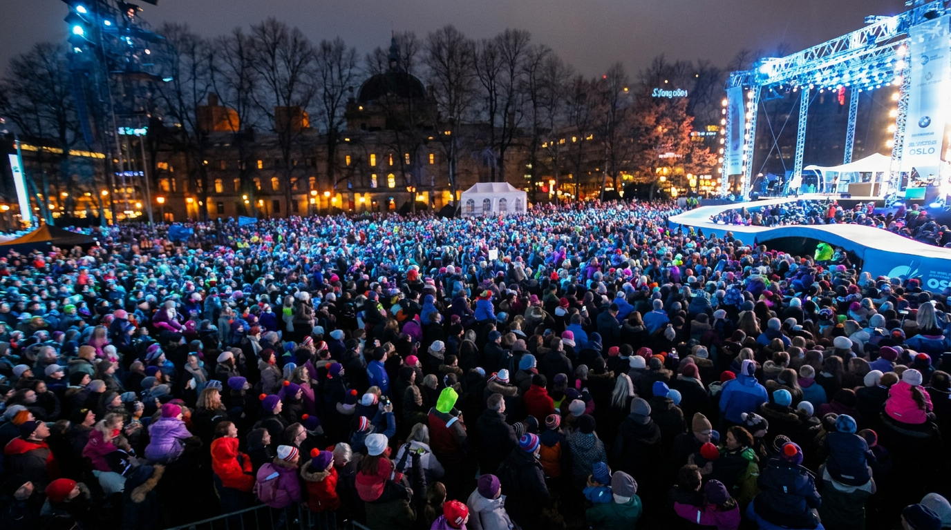 Stor folkemengde foran en opplyst Vinterlyd-scene en vinterkveld